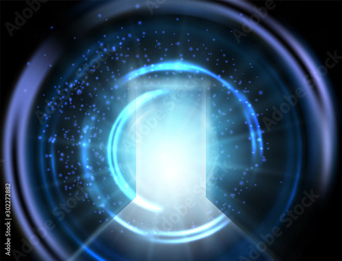 Mystical glowing portal, neon blue light doors, gates to the other universe with shining swirling ripples. Time or teleportation travelling. Spiritual revelation concept. Paranormal activity tunnel.