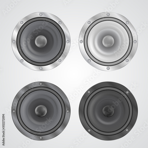 Vintage woofer vector set isolated on white. Plastic and metallic music audio equipment for home theater systems  concerts  record studios. Speaker  sound sources with reinforcing cone construction.