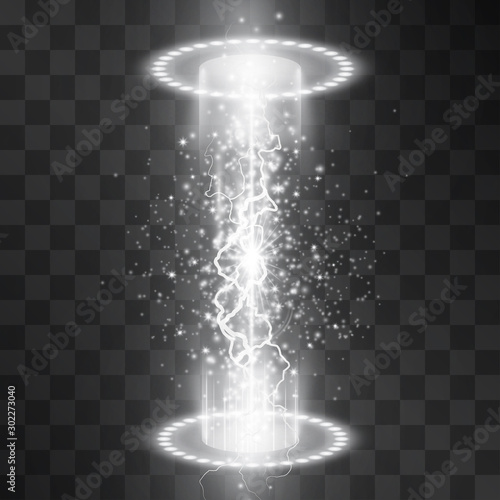 Sci fi white light space travel portal vector isolated on transparent background. Swirling luminous podium for presentation, posters, ads, banners. Magical holographic tunnel, club projector spotlight