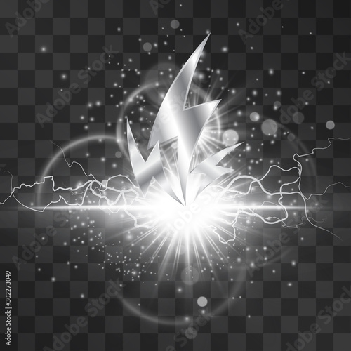 Metallic thunderbolt and lightening hitting silver exploding star with glitter cloud and flares isolated on transparent background. Voltage, supressed energy, tension symbol. Magical cold flash, flare