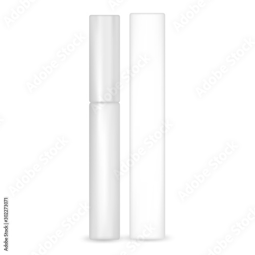 Mascara package mock up isolated on white background. Copy space for branding. Elegant container for brush and black paint cream for eyelashes. Cosmetic product template as a tube and cardboard box.