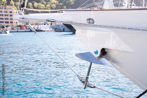 Yacht bow close up Monaco city background on Monaco super yacht show
