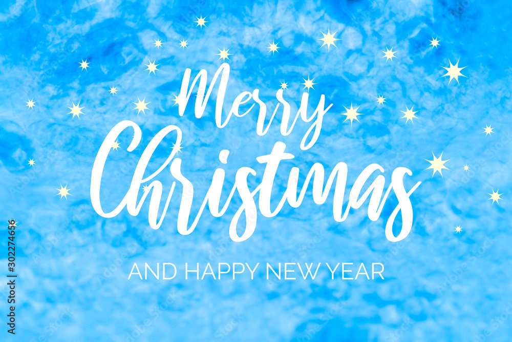 Merry Christmas and Happy New Year Sign on a blue background. Blue Christmas greeting card. Blue starry Christmas background. Abstract winter background card