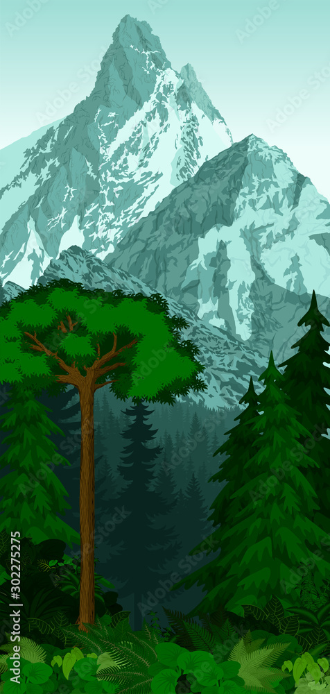 Fototapeta premium vector woodland green forest trees backlit with mountains