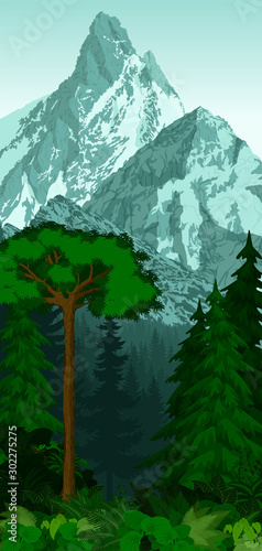 vector woodland green forest trees backlit with mountains