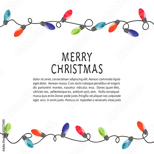 Christmas lights border vector illustration. Celebration background with watercolor light bulbs.