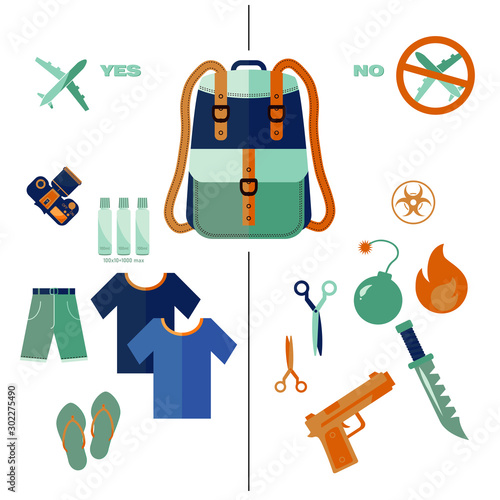 Hand baggage Prohibited Items isolated on white background. Permitted and prohibited items in hand baggage on the flight. Flat design.