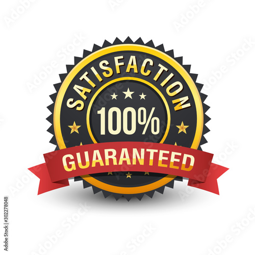 Heavy 100% satisfaction guaranteed badge on white background.