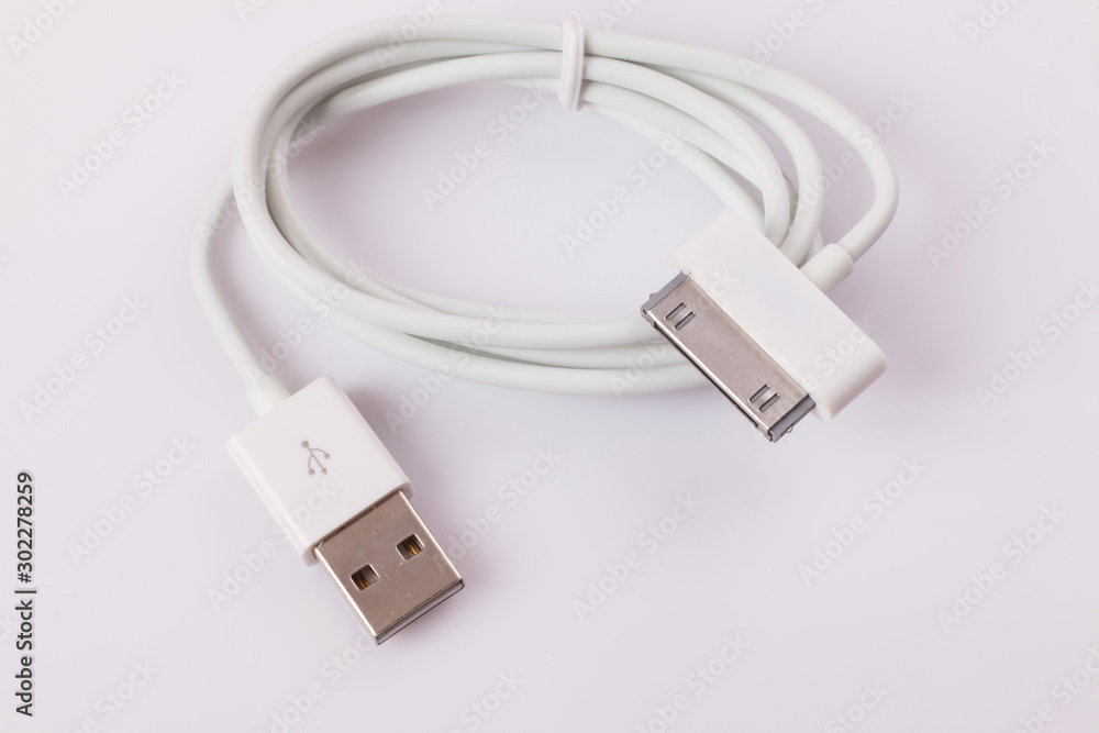 connection and data cable and plug on white background connection and data cable and plug on white background