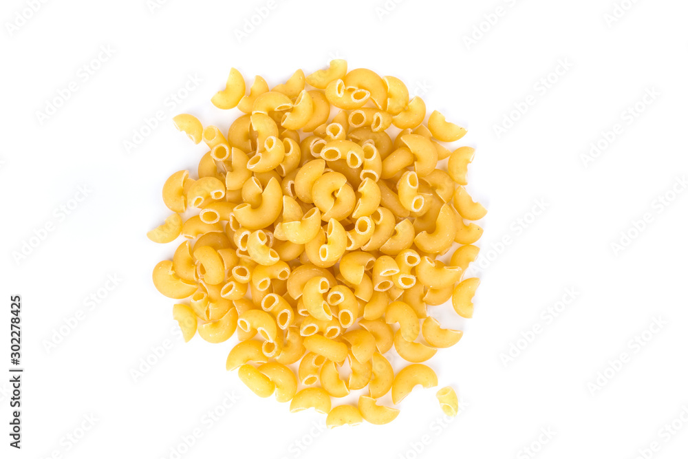 PIle of yellow dried elbow macaroni pasta shapes PIle of yellow dried elbow macaroni pasta shapes