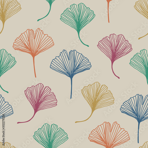 Floral vintage decorative seamless pattern with colorful ginkgo biloba leaves on beige background. Can be used for wallpaper, wrapping paper, pattern fills, textile, web page, textures. Vector Eps 10