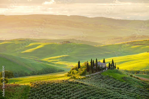 Podere Belvedere at sunrise, San Quirico d'Orcia, Val d'Orcia, Tuscany, Italy, Europe. photo