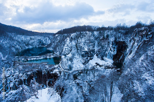 Plitvice lakes, national park in Croatia, winter landscape