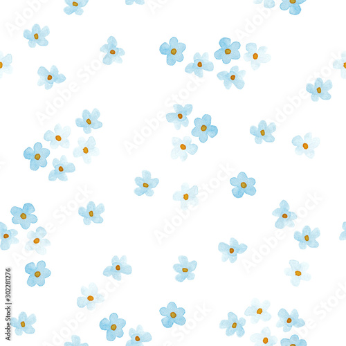 Little blue and white flowers watercolor painting - hand drawn seamless pattern with blossom