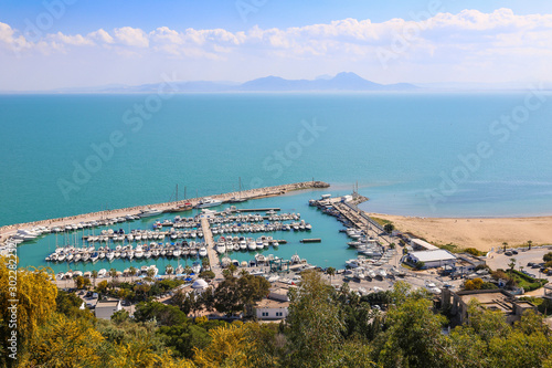 Tunisia, Sidi Bou Said, View of Sidi Bou Said marina photo