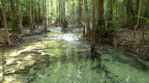 Crystal clear water stream and cascade near Emerald Pool in National Park, Krabi, Thailand