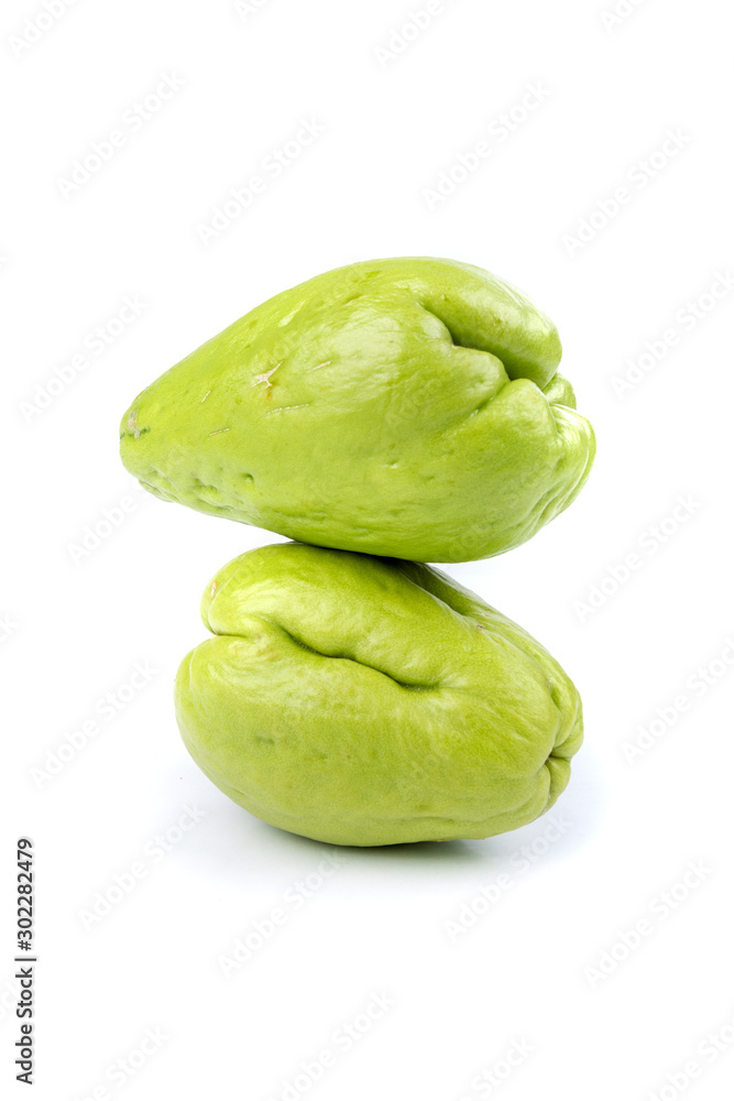 Two raw whole ripe green chayote mexican squash Two raw whole ripe green chayote mexican squash