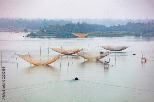 Square fishing nets (carrelets), Thu Bon River, Quang Nam Province, Vietnam