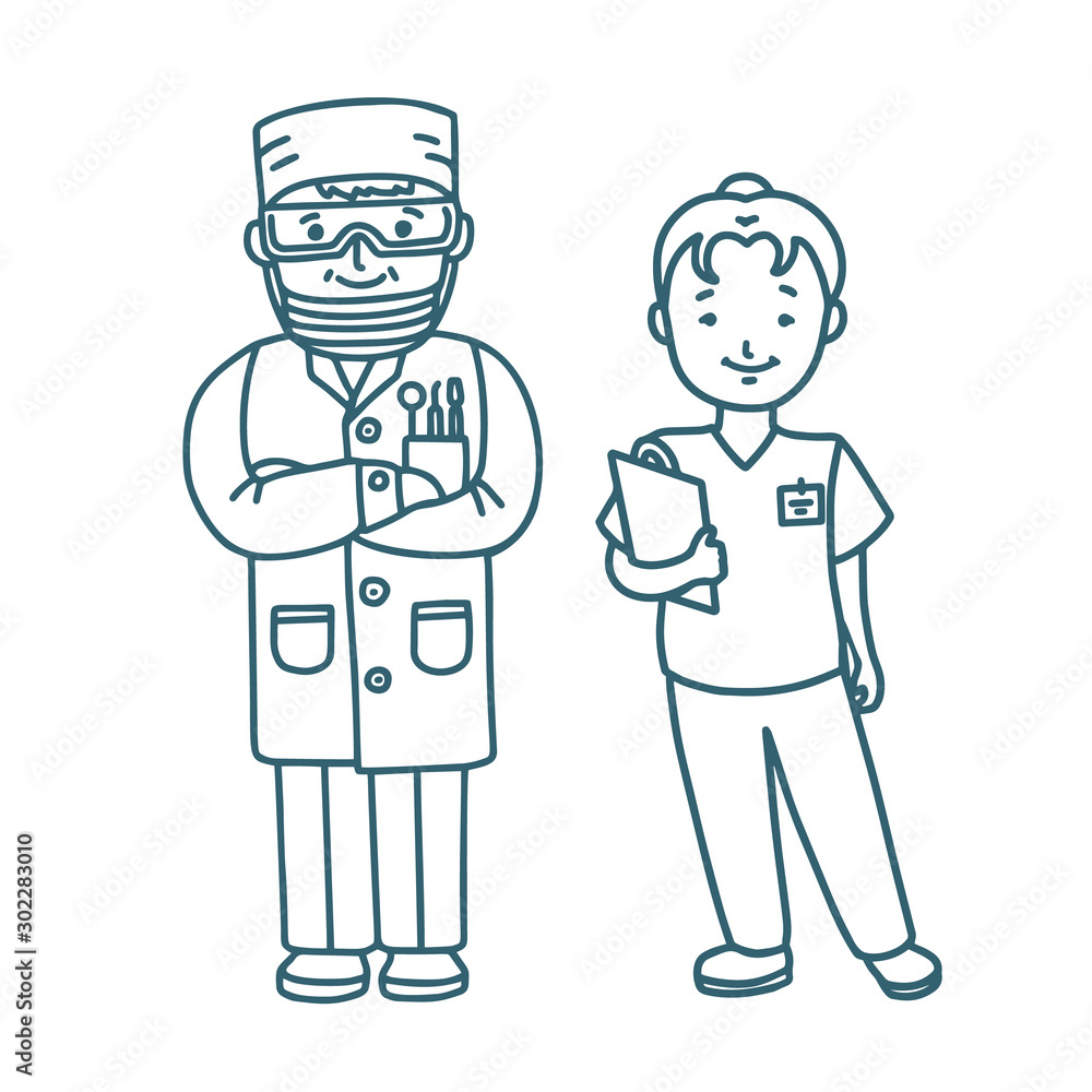 Denistry Staff Dentist and Nurse in Doodle Style