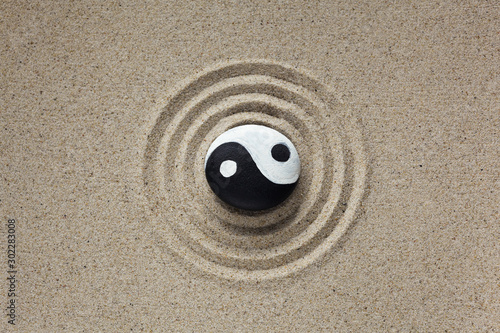 zen garden with stone of yin and yang Top view
