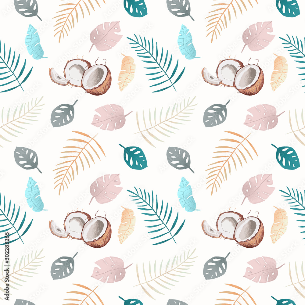 Seamless pattern Hand drawn tropical summer background: Philodendron monstera, palm leaf contours, silhouette, squiggles, dots. Illustration in pastel colors.