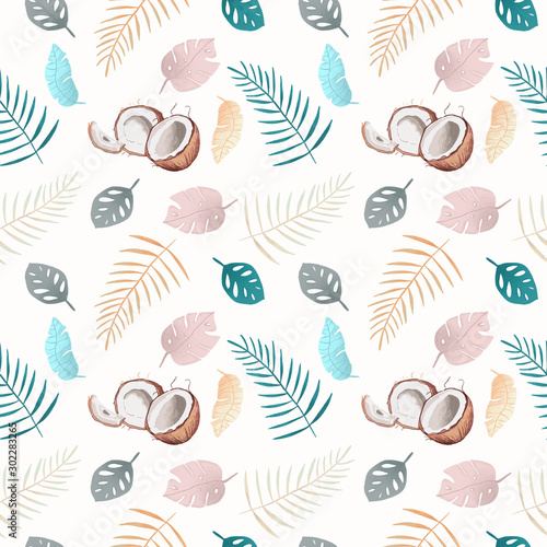 Seamless pattern Hand drawn tropical summer background: Philodendron monstera, palm leaf contours, silhouette, squiggles, dots. Illustration in pastel colors. © Анна Султанова
