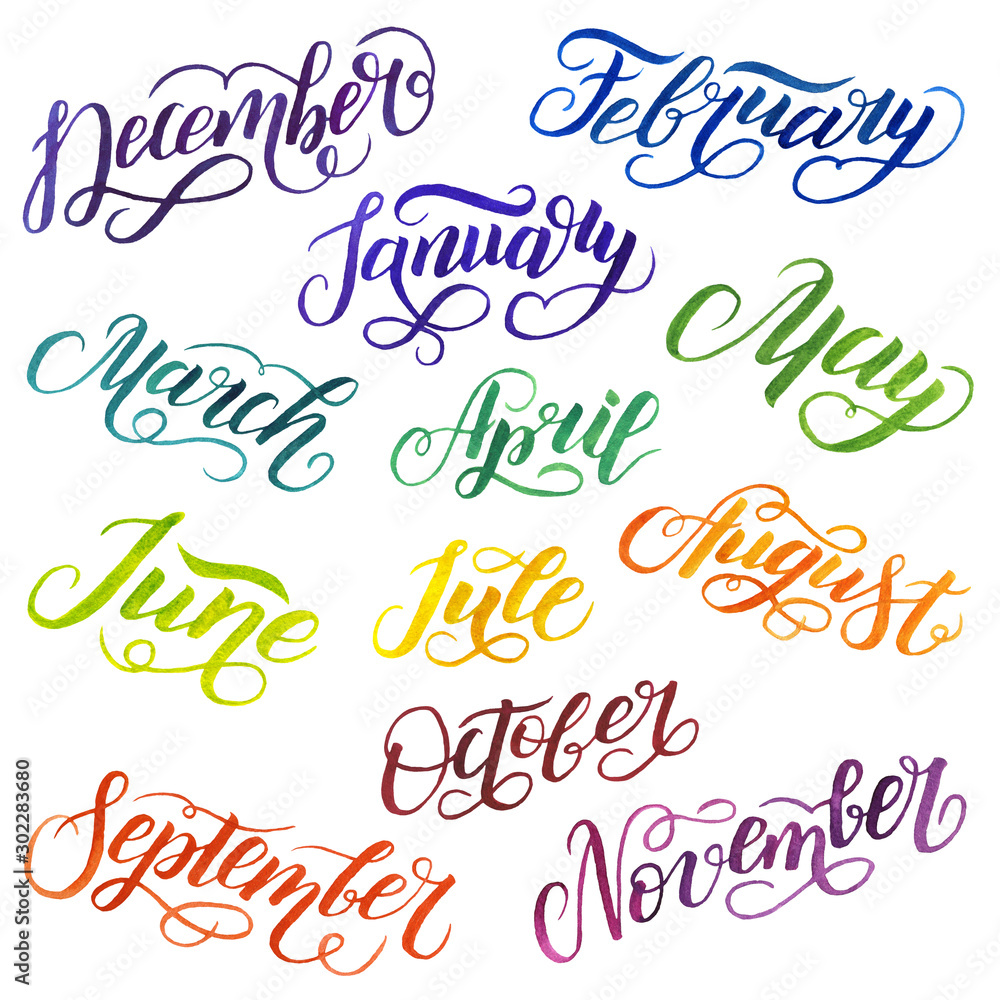 Watercolor calligraphy of the names of the months. On white background  Stock Illustration | Adobe Stock