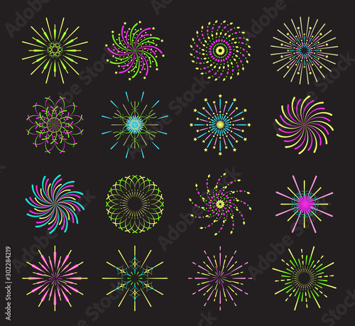 Fireworks set on black background. Colorful spiral firecracker icons with sparkles, stars.