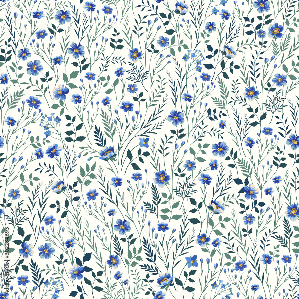Fototapeta bezszwowy kwiecisty wzór z błękitnymi łąkowymi kwiatami