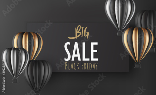 Realistic hot air balloon black gold and silver finish for black Friday flyer or banner template. Vector illustration