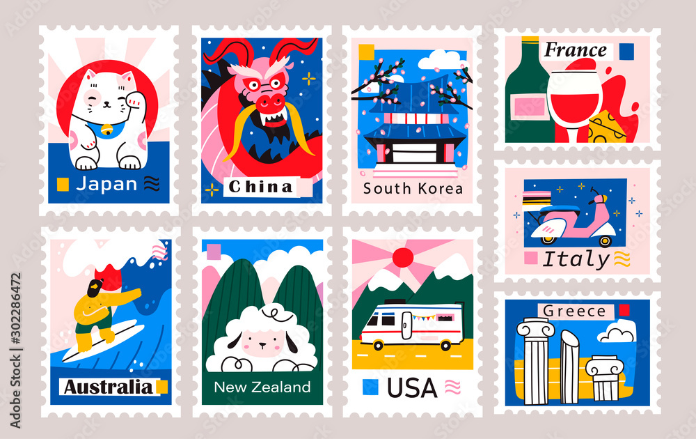 Japan, China, Korea, USA, Italy, France, Greece, Netherlands. Postage mail stamps. Various famous countries of the world with popular stuff. Hand drawn colored vector set. Modern trendy illustration