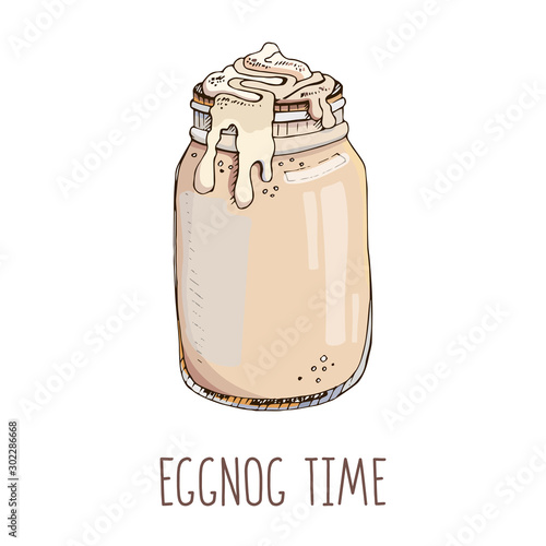 Set of hand drawn vector image in pastel color and modern light narrow lettering isolated on white. Eggnog time. Christmas drink. Template for winter holidays menu, poster, greeting card. Hello winter