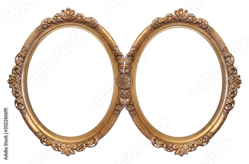 Double golden frame (diptych) for paintings, mirrors or photos isolated on white background
