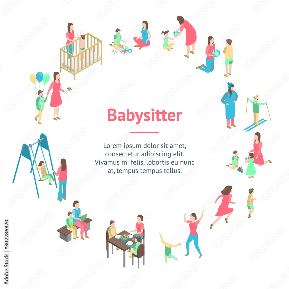 Characters Different Nanny Concept Banner Card Circle 3d Isometric View. Vector