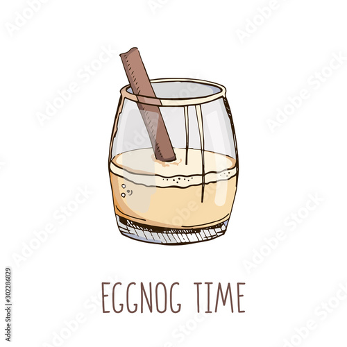 Set of hand drawn vector image in pastel colors and modern light narrow lettering isolated on white. Eggnog time. Popular Christmas cocktail. Template for winter holidays menu, poster, greeting card