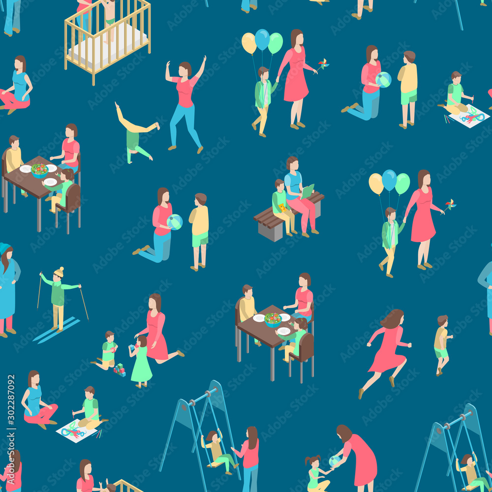 Characters Different Nanny Concept Seamless Pattern Background 3d Isometric View. Vector
