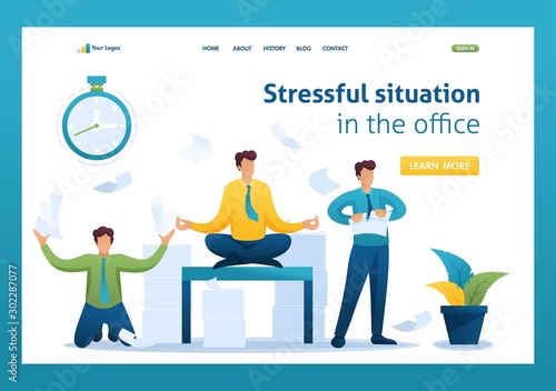 Stressful situation of the office, the staff running around, solve problems, meditate. Flat 2D character. Landing page concepts and web design