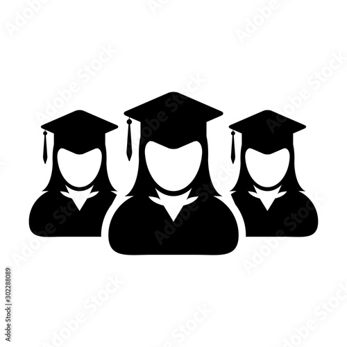 Student icon vector female group of person profile avatar with mortar board hat symbol for school, college and university graduation degree in flat color glyph pictogram illustration