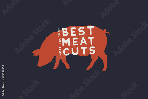 Template logo with the image of a red pig silhouette and the inscription best meat pieces. Emblem for butcher shops, markets, packaging and advertising. Vector illustration on dark background.