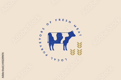 Blue vector silhouette of a cow on a light background. Farm, natural products. Emblem of butcher shops. Meat products. Image can be used for packaging design, restaurant menu, market design.