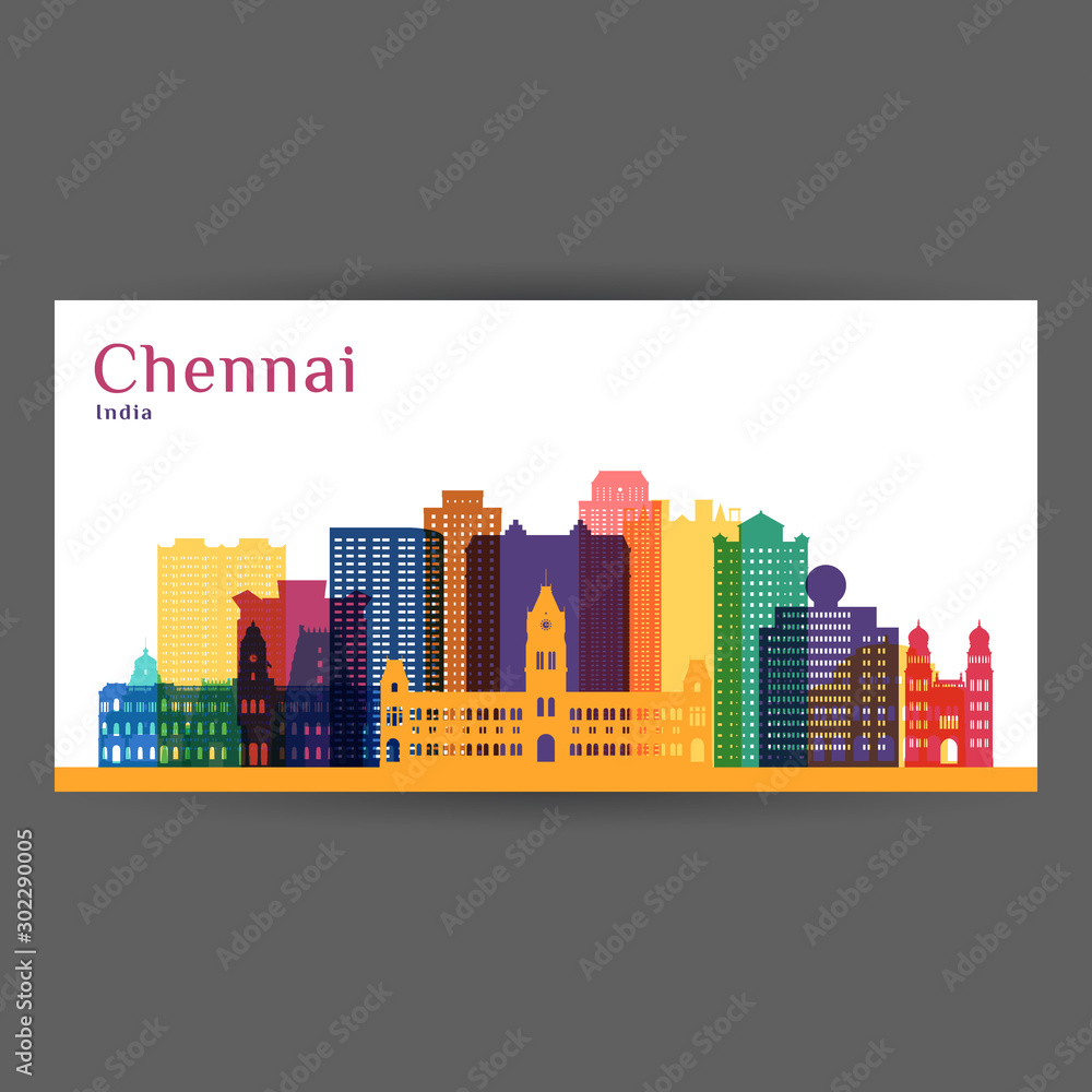 Chennai city, India architecture silhouette. Colorful skyline. City flat design. Vector business card.