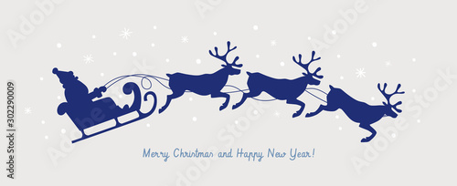 Cute Christmas picture with silhouette of Santa Claus in a sleigh pulled by deer. Happy winter holidays. Xmas layout creative card. Design element for New Year banners, posters, flyers.