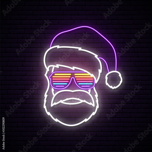Santa Claus neon sign. Hipster wearing in shutter glasses and Santa Claus hat. Bright Christmas vector illustration.