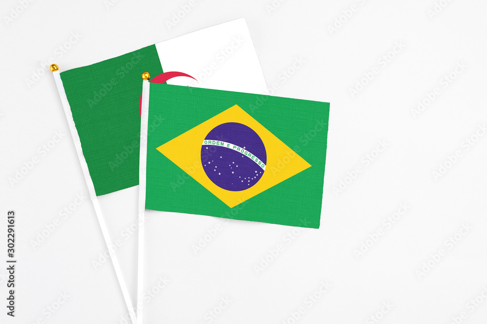 Brazil and Algeria stick flags on white background. High quality fabric, miniature national flag. Peaceful global concept.White floor for copy space.