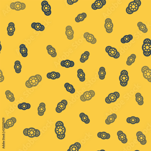 Blue line Donut with sweet glaze icon isolated seamless pattern on yellow background. Vector Illustration