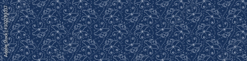 Butterfly Motif Embroidery Sashiko Kantha Vector Border Pattern. Asian Needlework Seamless Banner Edge. Indigo Blue Running Hand Stitch Texture Trim. Japan Decor. Simple Quilting Washi Tape EPS 10