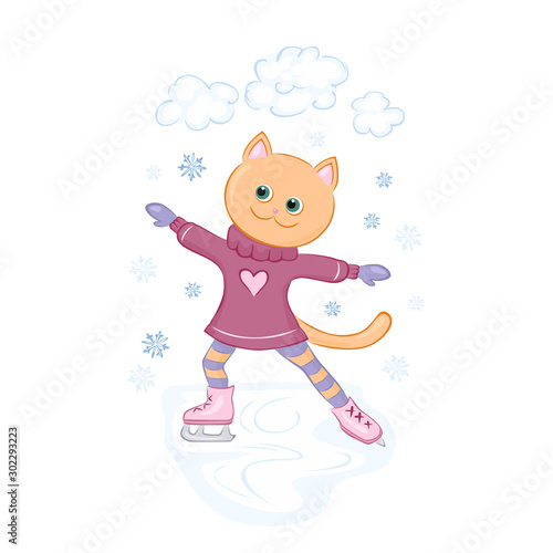Cat girl in dress skates an ice rink. Cute character figure skating. Vector illustration of winter fun in cartoon simple flat style.