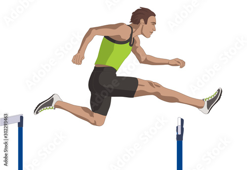 male hurdler jumping over hurdle isolated on a white  background