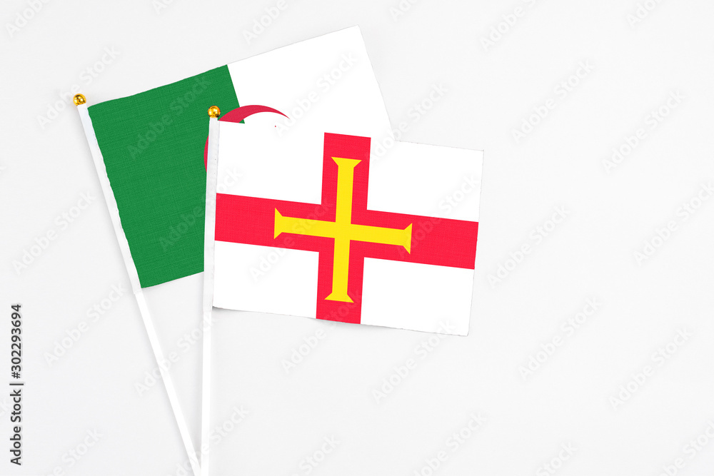Guernsey and Algeria stick flags on white background. High quality fabric, miniature national flag. Peaceful global concept.White floor for copy space.
