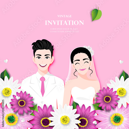 Love couple on wedding day in flowers background. Valentine's Day cartoon character design vector